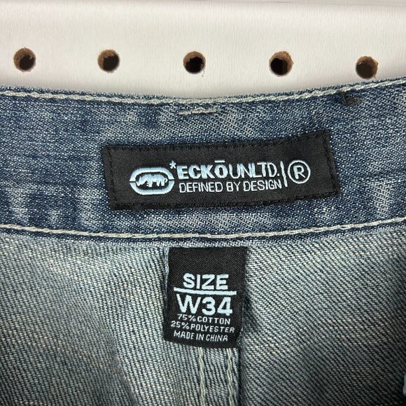 Ecko Y2K Grunge Jean Denim Shorts Size 34 Jorts Skater Punk Rock Logo Stitched - Picture 7 of 8